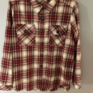 Women's Democracy Plaid Flannel Shirt with distressed fringe detail sz small